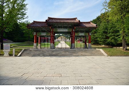 Kaesong, North Korea - May 5, 2019: Tomb Of King Wanggon Or Hyollung Royal Tomb. Construction On The
