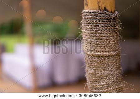 Image Of Modern Wedding Decoration With Flowers In Brown Bottels And Blurry Lights In The Background