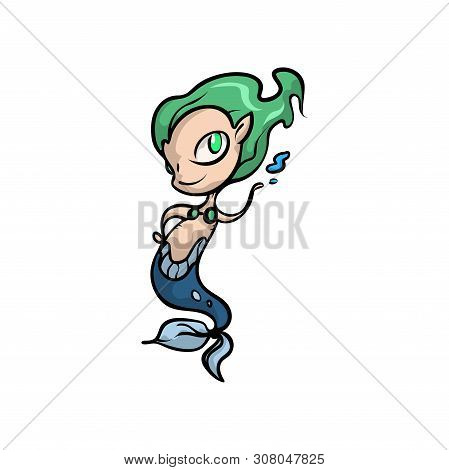 Cute Mermaid Or Nixie With Green Hair And Big Eyes