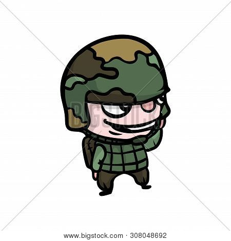Cute Smiling Boy In Camo Army Clothes With Kevlar Helmet