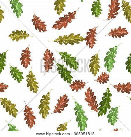 Oak Green And Brown Nice Leaf Seamless Pattern Autumn Background For Decoration And Interior