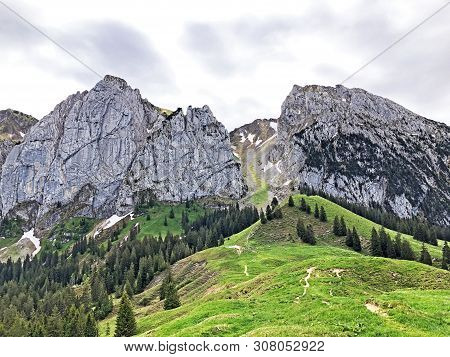 Bockmattlistock And Schiberg Mountains Above The Valley Wagital Or Waegital And Alpine Lake Wagitale