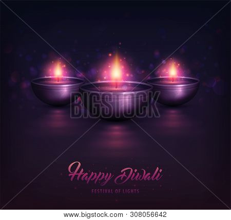 Happy Diwali, Festival Poster. Creative Lamps With Decorative Ornament And Burning Diya. Shiny Purpl