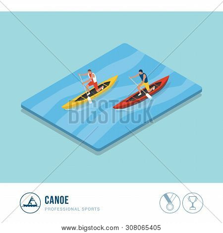 Professional Sports Competition: Canoers Paddling In A Canoe Race