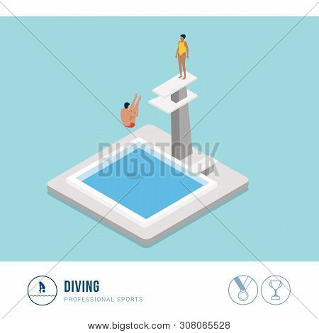 Professional Sports Competition: Diving, Professional Diver Jumping From A Platform