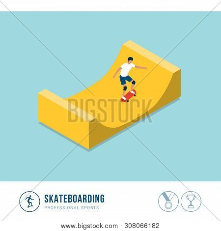 Professional Sports Competition: Skateboarding, Man Riding A Skateboard On A Halfpipe