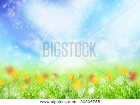 Schönen Frühlingswiese mit blühenden Blumen im Gras
