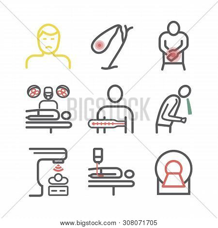 Gallbladder Cancer. Symptoms, Treatment. Line Icons Set. Vector Signs For Web Graphics.