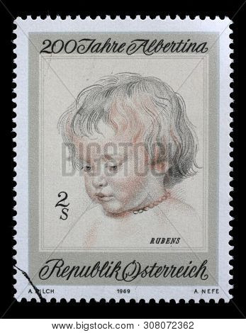 ZAGREB, CROATIA - JULY 03, 2014: A stamp issued in the Austria shows the 200th Anniversary of the Albertina Graphics Collection, Ruben's Son Nikolaus by Peter Paul Rubens, circa 1969.