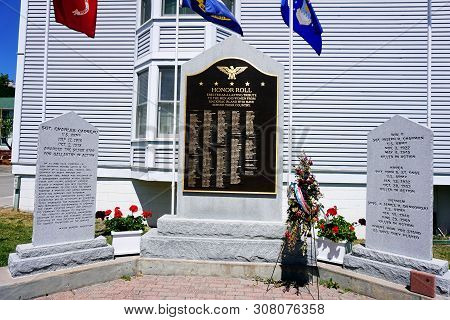 Mackinac Island, Michigan / United States - June 11, 2018: The Mackinac Island Veterans Memorial, In