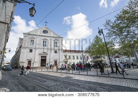 Lisbon, Portugal. April 2018. Rua Augusta And Arco Da Vitoria Sao Roque Church In  Largo Trinidade C