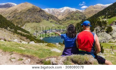 Two Tourist In A Nice Valley In Mountain Pyrenees Of Spain (valley Name Is Vall De Nuria)