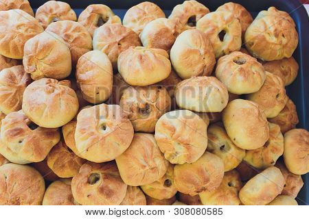 Preparation Of Belyashes. Traditional Russian Meat Pies Belyashi. Belyashes On A Table. Russian, Bas