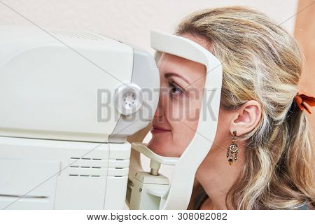 ophthalmology. eyesight check of adult female woman