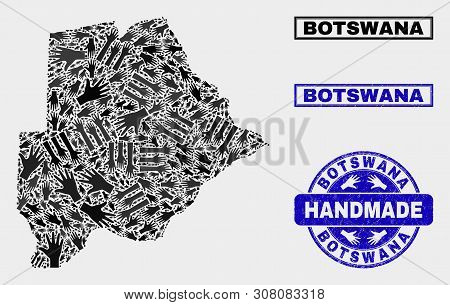 Vector Handmade Collage Of Botswana Map And Unclean Stamps. Mosaic Botswana Map Is Organized Of Rand