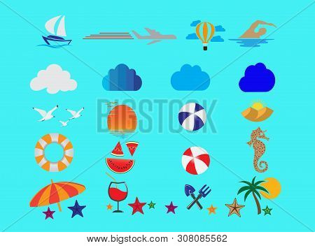 Summer Set Icons And Flying Seagulls In The Sea And Sun For Logo Design Illustration
