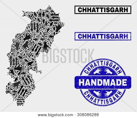 Vector Handmade Composition Of Chhattisgarh State Map And Rubber Stamp Seals. Mosaic Chhattisgarh St