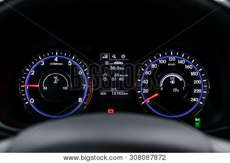 Novosibirsk, Russia - June 18, 2019: Hyundai I40,car Dashboard With White  Backlight: Odometer, Spee