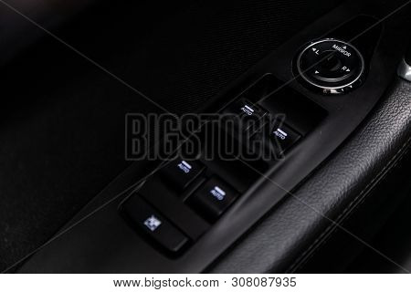 Novosibirsk, Russia - June 18, 2019: Hyundai I40,close-up Of The Side Door Buttons: Window Adjustmen