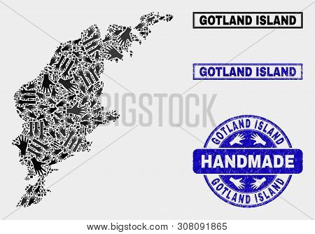 Vector Handmade Combination Of Gotland Island Map And Rubber Watermarks. Mosaic Gotland Island Map I