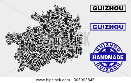 Vector Handmade Collage Of Guizhou Province Map And Corroded Stamp Seals. Mosaic Guizhou Province Ma