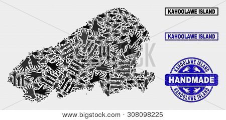 Vector Handmade Composition Of Kahoolawe Island Map And Rubber Seals. Mosaic Kahoolawe Island Map Is