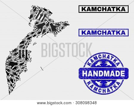 Vector Handmade Composition Of Kamchatka Map And Scratched Seals. Mosaic Kamchatka Map Is Done With 