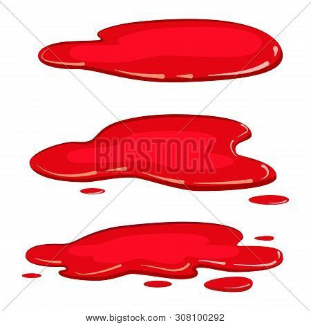 Set Puddle Blood Liquid, Pool Plash Vector, Cartoon Style, Isolated, Illustration, On A White Backgr