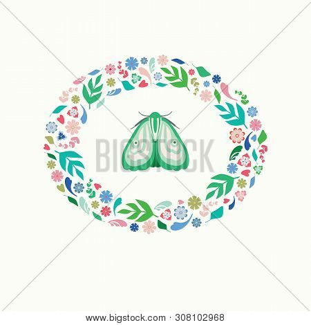 Pretty Illustration Of A Green Moth With Floral And Leaf Wreath Surround. A Spring Or Summer Vector 