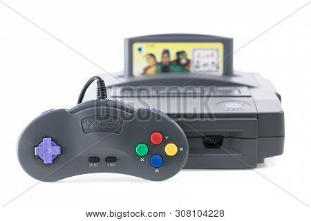 Taipei, Taiwan - May 3, 2019: The Funtech Super Acan Console With Game And Controller Isolated On Wh