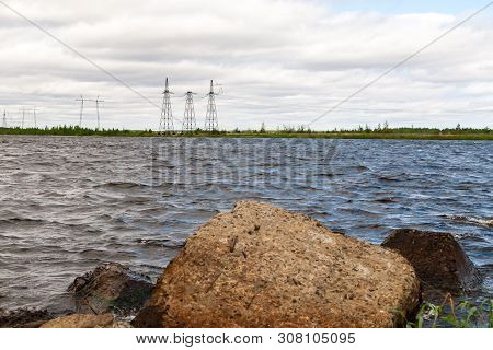 Technical Reservoir With High-voltage Power Lines. Lep.