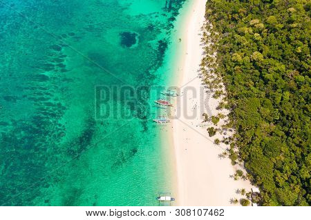 Puka Shell Beach, Boracay Island, Philippines, Aerial View. Tropical White Sand Beach And Beautiful 
