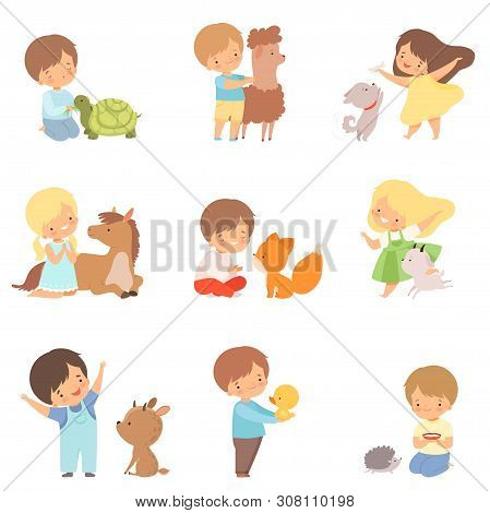 Cute Little Children Playing With Playing, Hugging And Feeding Animals, Kid Interacting With Animal 