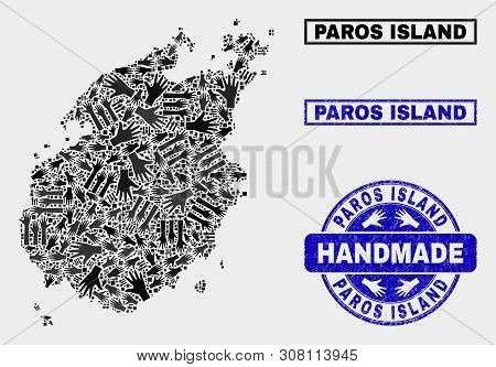 Vector Handmade Collage Of Paros Island Map And Corroded Stamp Seals. Mosaic Paros Island Map Is Org