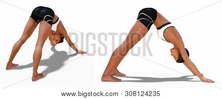 3d Illustration Of Back Three-quarters And Right Profile Poses Of A Woman In Yoga Downward Facing Do