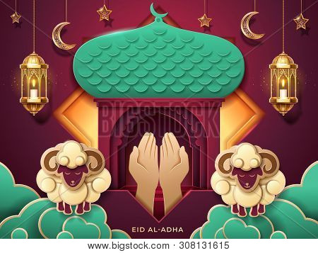 Prayer Hands And Islamic Paper Mosque Entrance For Eid Al-adha Or Ul-adha, Muslim Festival Of Sacrif