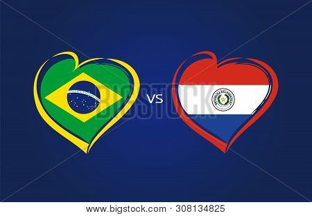 Brazil Vs Paraguay, National Team Soccer Flags On Blue Background. Brazilian And Paraguayan Flag In 