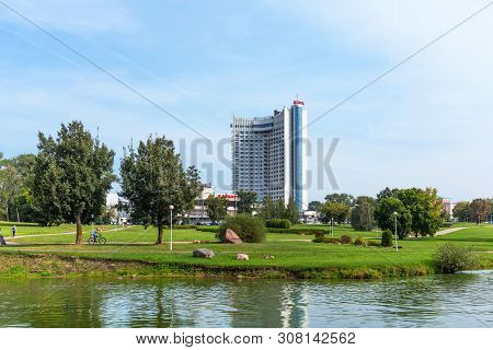 Minsk, Republic Of Belarus. - September 8, 2018: Panoramic View Of The Hotel Belarus In Minsk, Repub