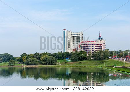 Minsk, Republic Of Belarus. - September 8, 2018: Panoramic View Of The Hotel Belarus In Minsk, Repub