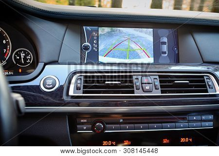 Grodno, Belarus, May 16, 2013: Interior Of Premium Car With Rearview Camera Dynamic Trajectory Turni