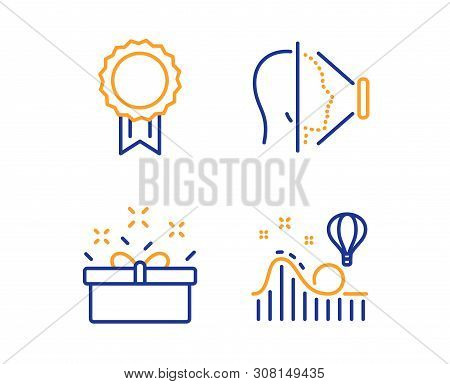Present Box, Face Id And Reward Icons Simple Set. Roller Coaster Sign. Sale Offer, Phone Scanning, B