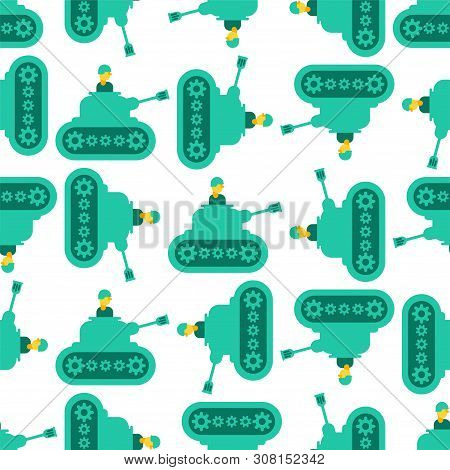 Cartoon Tank And Trooper Pattern Seamless. Childrens Soldier Background. Vector Texture. Weapon Atta