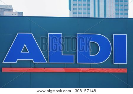 Finestrat, Spain, 18 June, 2019: Sign Aldi On The Store Wall. Aldi German Discount Supermarket Chain