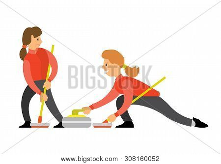 Curling Sport, Players Slide Stones On Sheet Of Ice Towards A Target. Players Playing Special Bats A