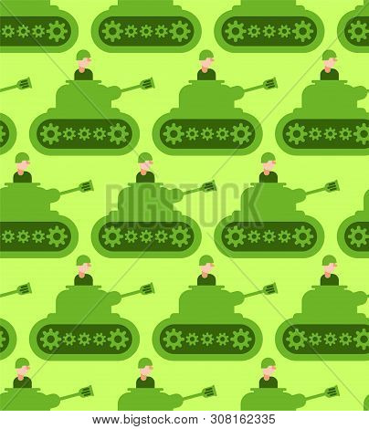 Cartoon Tank And Trooper Pattern Seamless. Childrens Soldier Background. Vector Texture. Weapon Atta