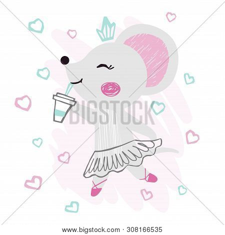 Mouse Baby Girl Cute Summer Print. Sweet Animal With Coffee Cup Ballet Skirt, Bow On Background With