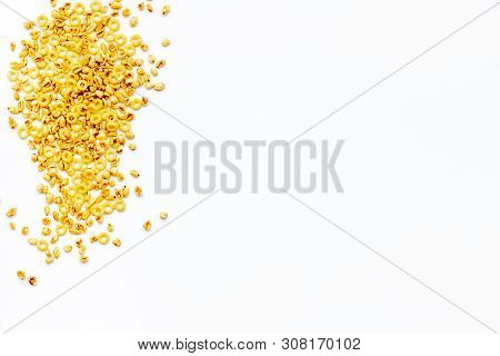 Cereals, Oatflakes And Cornflakes For Healthy Breakfast On White Background Top View Mock Up