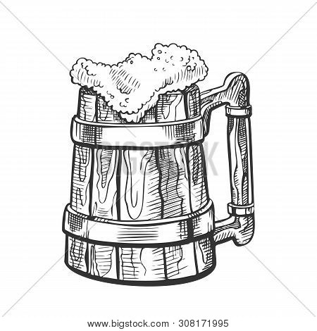 Hand Drawn Vintage Cup With Froth Beer Vector. Wooden Cup With Metallic Ring And Alcoholic Golden Co