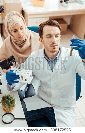 Top View Of Smart Nice People Looking At The Test Tube
