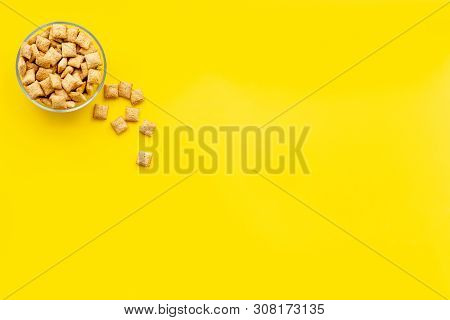 Cereals, Oatflakes And Cornflakes For Healthy Breakfast On Yellow Background Top View Mock Up
